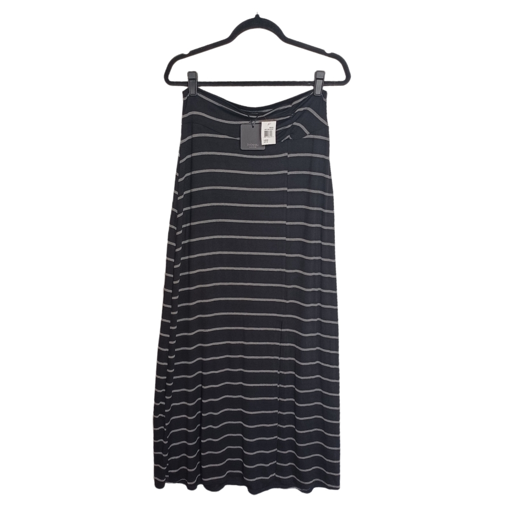 BOBEAU Gray Thin Stripe Print Stretchy Black Front Slit Maxi Skirt Large NWT
